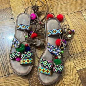 Chinese Laundry Beaded Pom Pom wrap sandals